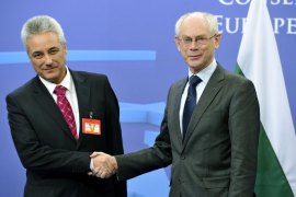Brussels, -, BELGIUM : EU Council president Herman Van Rompuy (R) poses with Prime Minister of Bulgaria Marin Raykov (L) prior to their working session on March 27, 2013 at the EU Headquarters in Brussels. AFP PHOTO /GEORGES GOBET
