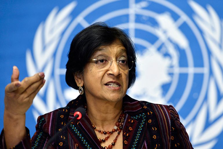 epa03491764 (FILE) A file photo dated 18 October 2012 shows South African Navanethem 'Navi' Pillay, UN High Commissioner for Human Rights, speaking at a news conference at the European headquarters of the United Nations in Geneva, Switzerland. A decree by Egyptian President Mohammed Morsi aimed at seizing more power for himself goes against international human rights and threatens the rule of law in Egypt, UN human rights chief Navi Pillay said in Geneva on 30 November 2012. Morsi's Constitutional Declaration 'contravenes the fundamental notion of the rule of law by placing the president?s actions outside judicial scrutiny,' Pillay said. She added that this and other provisions in last week's decree were not in line with two key human rights treaties ? the International Covenant on Civil and Political Rights and the International Covenant on Economic, Social and Cultural Rights. EPA/MARTIAL TREZZINI