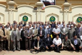 A group photo of the members (unidentified) of the Muslim Brotherhood's Shura Council after their meeting in Cairo, Egypt, 30 April 2011. The Muslim Brotherhood announced on 30 April that the new Freedom and Justice Party will be representing the Muslim Brotherhood, contesting up to 50 per cent of the parliament seats, in the upcoming elections scheduled for September. The group approved a programme for their Freedom and Justice Party, which they decided to form following the January 25 uprising that forced former president Hosni Mubarak and his government out of power