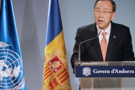 2 - Andorra La Vella, -, ANDORRA : United Nations Secretary-General Ban Ki-Moon gives a press conference on April 2, 2013 at the govermnent headquarters of the Andorra principality in Andorra La Vella. Ban said on April 2 that tensions had already soared too high on the Korean peninsula and warned Pyongyang against making nuclear threats. "The current crisis has already gone too far," Ban said in Andorra. AFP PHOTO PASCAL PAVANI