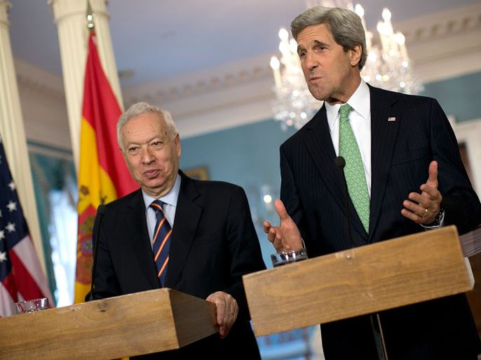 WASHINGTON, DC - APRIL 30: U.S. Secretary of State John Kerry (R) appears with Foreign Minister of Spain Jose Manuel Garcia-Margallo during a press conference at the State Department April 30, 2013 in Washington, DC. Kerry spoke on the Middle East peace process and developments within a delegation from the Arab League during his remarks. Win McNamee/Getty Images/AFP== FOR NEWSPAPERS, INTERNET, TELCOS & TELEVISION USE ONLY ==