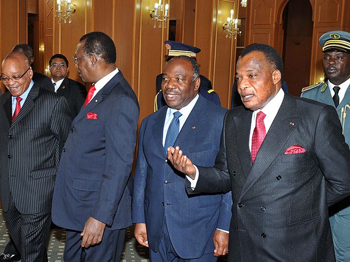 A picture released by the South African government late on April 18, 2013 shows (from L) the presidents of South Africa, Jacob Zuma, Chad, Idriss Deby Itno, Gabon, Ali Bongo Ondimba, and Congo, Denis Sassou Nguesso speaking in N'Djamena during an extra-ordinary Summit of the Economic Community of Central African States (ECCAS) chaired by President Idriss Deby Itno. Regional leaders on Thursday said they would boost their military force in the Central African Republic by 2,000 soldiers, in a bid to restore order as violence and looting plague the country after a March coup. == RESTRICTED TO EDITORIAL USE - MANDATORY CREDIT "AFP PHOTO / GCIS - Elmond Jiyane" - NO MARKETING - NO ADVERTISING CAMPAIGNS - DISTRIBUTED AS A SERVICE TO CLIENTS