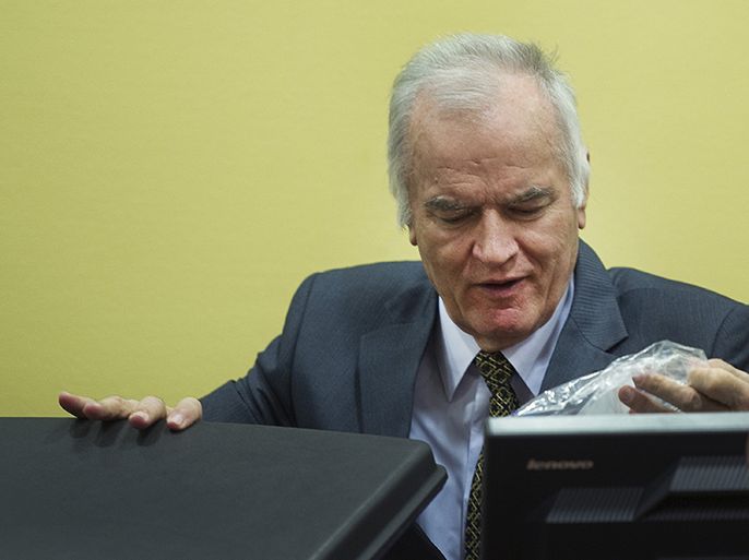 Former Bosnian Serb general Ratko Mladic sits in the courtroom during his trial at the International Criminal Tribunal for the former Yugoslavia (ICTY) in The Hague, the Netherlands, 16 May 2012. Mladic has been charged with 11 counts of genocide and other war crimes committed by the Serb army he commanded during the 1992-95 Bosnian war against Muslims and ethnic Croats. The most notable of the atrocities was the 1995 Srebrenica massacre of nearly 8,0000 Muslims and the 40-month siege of Sarajevo, in which more than 11,000 people were killed