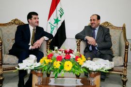 epa01015404 Iraqi Prime Minister Nouri al-Maliki (R) meets with Kurdish Prime Minister of the Kurdish region, Nechirvan Barzani (L), in Baghdad on 21 May 2007. EPA/IRAQI PRIME MINISTER'S OFFICE/HO EDITORIAL USE ONLY