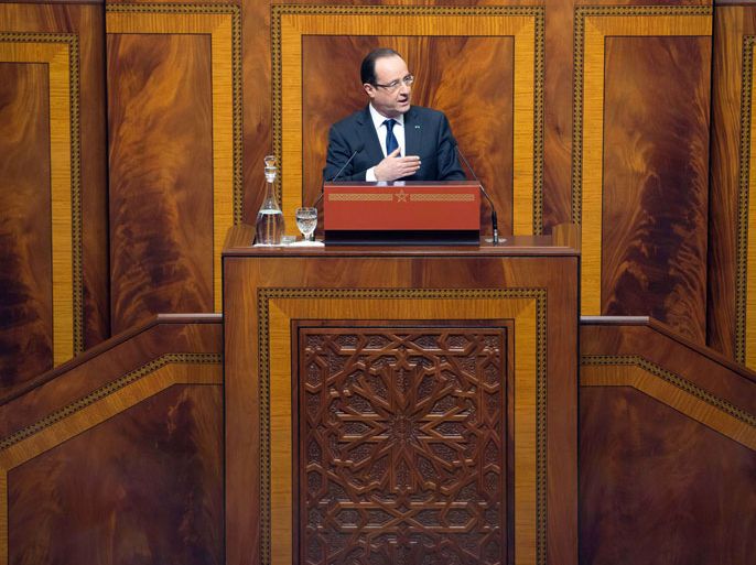 French President Francois Hollande (C) delivers a speech at the Moroccan Parliament in Rabat on April 4, 2013 on the second day of his official two-day visit. Hollande is visiting Morocco fresh from battling an explosive tax fraud scandal that risks overshadowing his landmark two-day visit to the former French colony.
