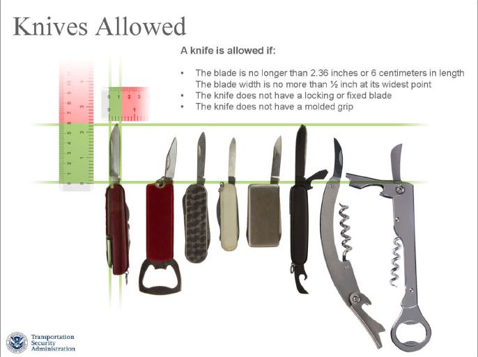 السكاكين المسموح حملها طبقاً للقرار الجديد كما توضحها صورة وزعتها إدارة أمن النقل الأميركية