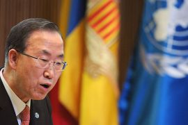 United Nations Secretary-General Ban Ki-Moon (2nd L) gives a speech on April 2, 2013 at the general council of the Andorra principality, in Andorra la Vella. Ban said on April 2 that tensions had already soared too high on the Korean peninsula and warned Pyongyang against making nuclear threats. "The current crisis has already gone too far," Ban said in Andorra. AFP PHOTO / PASCAL PAVANI