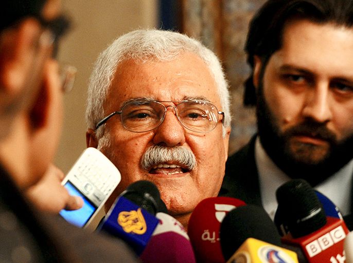 George Sabra, head of Syrian Opposition Coalition talks to reporters at the Arab League headquarters after meeting with Secretary General of the Arab league, Nabil Elaraby in Cairo February 24, 2013. REUTERS/Stringer (EGYPT - Tags: POLITICS BUSINESS)