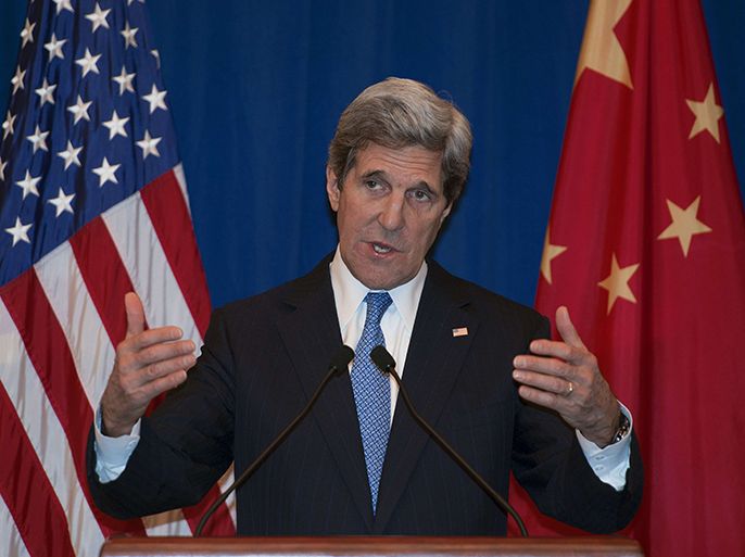 US Secretary of State John Kerry conducts a press conference as he answers questions from US and Chinese media in Beijing on April 13, 2013. China said Saturday it was in everyone's interest to defuse Korea tensions as US Secretary of State John Kerry lobbied for a firmer stand on North Korea at a "critical" juncture for world peace. AFP PHOTO/POOL/Paul J. Richards