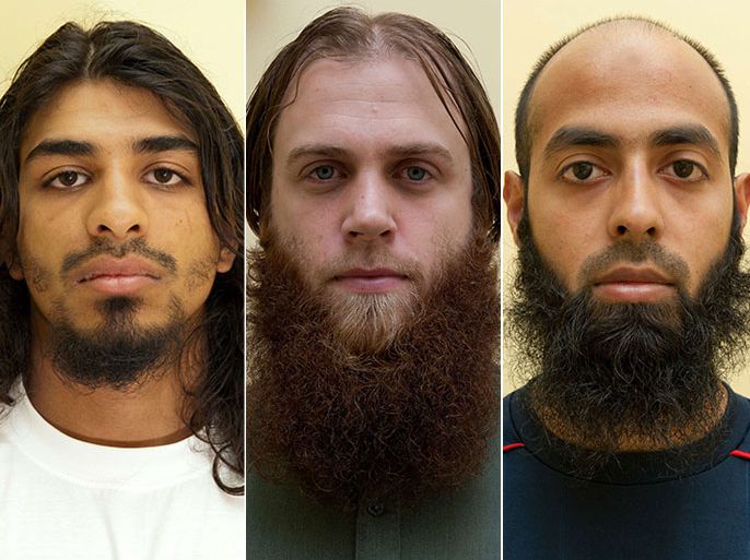 (FILES) - A combination of handout pictures released by the Metropolitan Police on March 15, 2013 shows police photographs of three British Muslims, Imran Mahmood, Richard Dart and Jahangir Alom who pleaded guilty in court on to travelling to Pakistan for terror training. White Muslim convert Richard Dart, 30, was sentenced at London's Old Bailey court on April 25, 2013 to six years, while 22-year-old Imran Mahmood was jailed for nine years and nine months and and Jahangir Alom, 26, for four-and-a-half years for planning terrorism. RESTRICTED TO EDITORIAL USE - MANDATORY CREDIT " AFP PHOTO / METROPOLITAN POLICE " - NO MARKETING NO ADVERTISING CAMPAIGNS - DISTRIBUTED AS A SERVICE TO CLIENTS