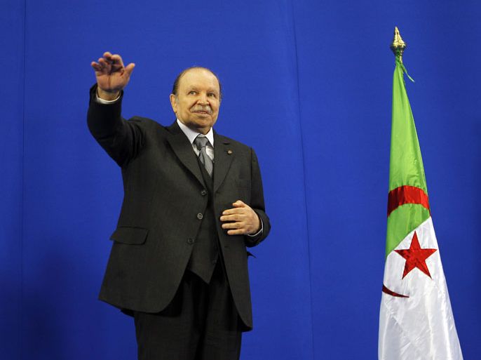 epa03210607 Algerian President Abdelaziz Bouteflika gestures during the commemorations of the 67th anniversary of the Setif massacre, in Setif, 300 km south Algiers, Algeria, 08 May 2012. Algeria celebrates the 'Setif massacre' when nationalists party on 08 May 1945 staged a protest demanding the end of the French colonization in exchange of their participation in the second war II. The protest was followed by a riot when a young scout holding a national flag was killed by a policeman in Setif. According to the Algerian government some 45000 people were killed. EPA/MOHAMED MESSARA