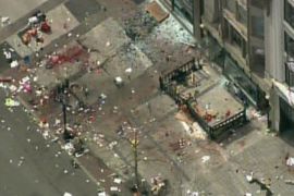 Still image taken from video courtesy of NBC shows the scene of an explosion at the Boston Marathon, April 15, 2013. Two explosions struck the marathon as runners crossed the finish line on Monday, witnesses said, injuring an unknown number of people on what is ordinarily a festive day in the city