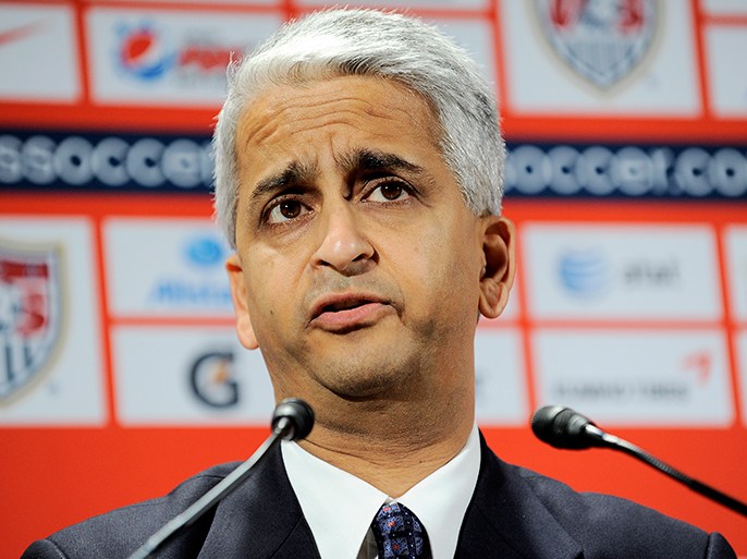 epa02851748 United States soccer federation president Sunil Gulati speaks during a press conference introducing Juergen Klinsmann of Germany, as the new head coach of the United States men's national team in New York, New York, USA, on 01 August 2011. EPA/JUSTIN LANE