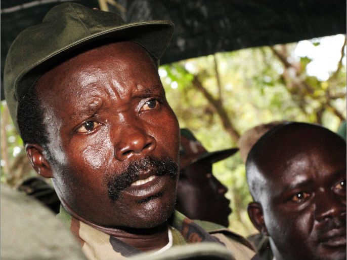 (FILES) A file picture taken on November 12, 2006 of then leader of the Lord's Resistance Army (LRA) Joseph Kony answering journalists' questions at Ri-Kwamba, in Southern Sudan. The United States on April 3, 2013 posted a $5 million reward for information leading to the arrest of Lord's Resistance Army chief Joseph Kony, and a similar bounty for three other rebel leaders. Kony has been on the run in the jungles of Central Africa, but the LRA has waged a fierce insurgency across four countries for two decades. It is notorious for mutilating victims and abducting children for use as sex slaves and soldiers. AFP PHOTO/ POOL - STUART PRICE