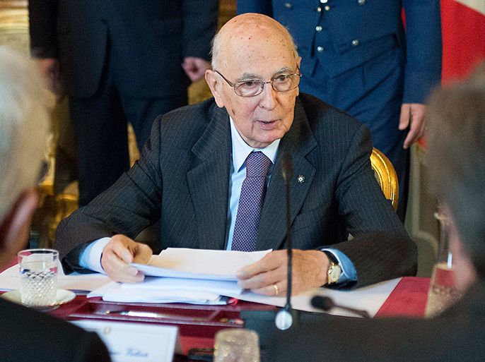 Italian President Giorgio Napolitano speaks during a meeting with the "wise men" at the Quirinale palace in Rome in this picture provided by the Italian Presidency Press Office April 12, 2013. The panel of "wise men" named last month to help end the political paralysis gripping Italy since February's inconclusive election proposed a series of economic reforms on Friday. President Giorgio Napolitano, who named the 10-man group at the end of March said the solution to a stalemate that has left Italy in the hands of a caretaker administration for 45 days depended on parties overcoming their differences. REUTERS/Italian Presidency Press Office/Handout (ITALY - Tags: POLITICS BUSINESS) ATTENTION EDITORS - THIS IMAGE WAS PROVIDED BY A THIRD PARTY. THIS PICTURE IS DISTRIBUTED EXACTLY AS RECEIVED BY REUTERS, AS A SERVICE TO CLIENTS. FOR EDITORIAL USE ONLY. NOT FOR SALE FOR MARKETING OR ADVERTISING CAMPAIGNS