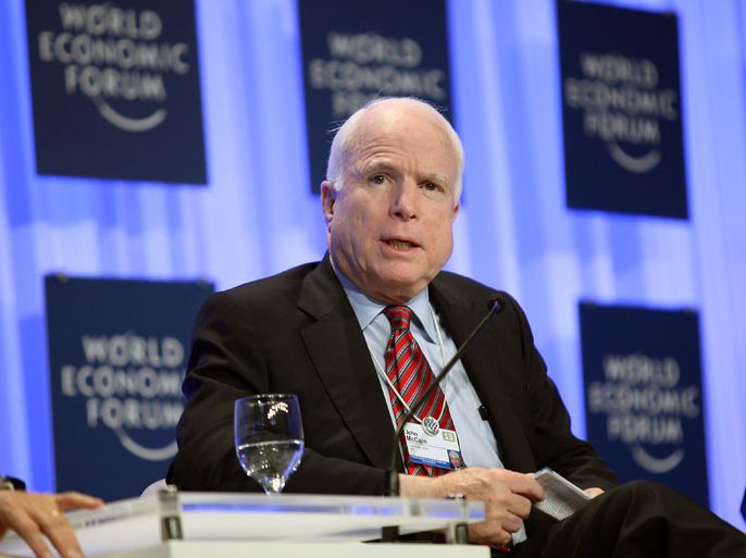 AMM04 - Dead Sea, -, JORDAN : US Senator John McCain speaks during a panel discussion at the World Economic Forum on the Middle East and North Africa on the shores of the Dead Sea, 55 kms southeast of the Jordanian capital Amman, on May 25, 2013. AFP PHOTO/STR