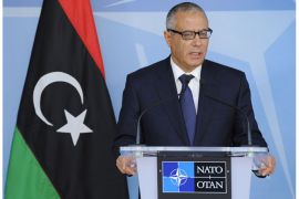 THY013 - Brussels, -, BELGIUM : Prime Minister of Lybia, Ali Zeidan gives a press conference with NATO Secretary General (unseen) after their bilateral meeting at the NATO Headquarters in Brussels on May 27, 2013. AFP PHOTO/JOHN THYS