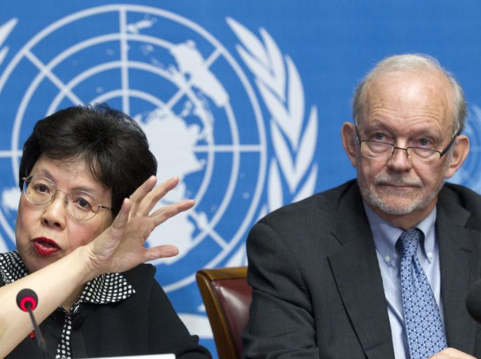 epa03177440 Chinese Margaret Chan, (L), Director General of the World Health Organization (WHO), speaks next to US Anthony Lake, (R), United Nations Children's Fund Executive Director (UNICEF), as she informs the media about the multiple crises in the Sahel, during a press conference at the European headquarters of the United Nations in Geneva, Switzerland, 10 April 2012. It is reported that the Sahel is the ecoclimatic and biogeographic zone of transition between the Sahara desert in the North and the Sudanian Savannas in the south. EPA/SALVATORE DI NOLFI