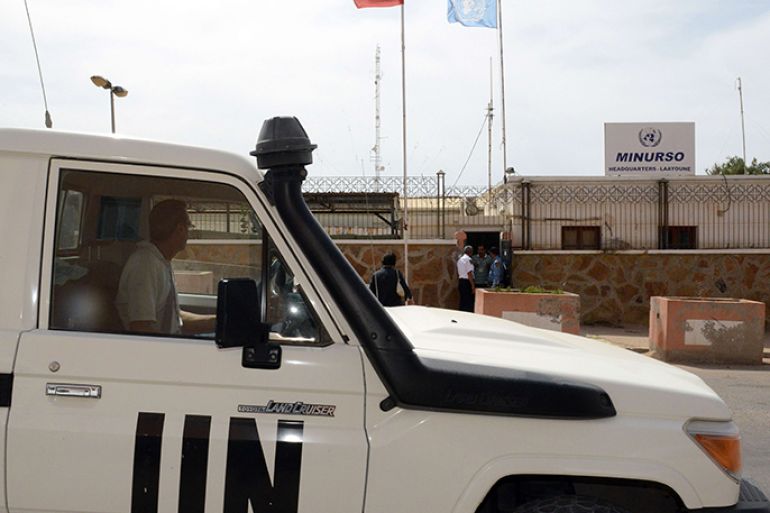 An UN vehicle drives past the headquarters of the United Nations Mission for the Referendum in Western Sahara (MINURSO) on May 13, 2013 in Laayoune, the main city in the disputed territory. Six Sahrawi activists arrested this month after pro-independence protests in Western Sahara said they were tortured by Moroccan police and made to sign confessions, Amnesty International charged on May 16. The Western Sahara is a highly sensitive subject in Morocco, which annexed the former Spanish colony in 1975 in a move never recognised by the international community. AFP PHOTO /FADEL SENNA