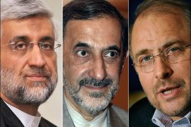 (FILES) -- A combo made up of file pictures taken on various dates at different locations shows three potential conservative candidates for Iran's June 14 presidential election: Iran's former chief nuclear negotiator Saeed Jalili (L), former foreign minister Ali Akbar Velayati (C) and Tehran's Mayor Mohammad Baqer Qalibaf. Iran's June 14 presidential election steps up a gear on May 21, 2013 as the list of candidates bidding to succeed Mahmoud Ahmadinejad is finalised with at least two well-known figures already targeted for disqualification. AFP PHOTO / DSK
