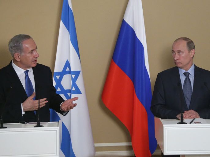 Russia's President Vladimir Putin (R) and Israeli Prime Minister Benjamin Netanyahu attend a joint press conference after their meeting at Putin's residence in the Black Sea resort of Sochi, on May 14, 2013. Putin warned today against any moves that would further destabilise the situation in Syria, speaking after talks with the visiting Israeli Prime Minister