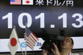 A TV cameraman films in front of a monitor displaying the Japanese yen's exchange rate against the U.S. dollar at a foreign exchange company in Tokyo May 10, 2013. The dollar remained at a lofty perch against its Japanese counterpart on Friday, after breaking above the 100 yen level in the previous session for the first time since April 2009. REUTERS/Toru Hanai (JAPAN - Tags: BUSINESS MEDIA