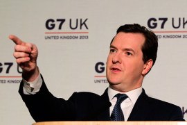 British Finance Minister George Osborne speaks during a press conference following the G7 finance ministers and central bank governors meeting in Aylesbury, Buckinghamshire, on May 11, 2013. The Group of Seven top economies is committed to "nurturing" world economic recovery, Osborne said following the meeting of the international body that also pledged to further slash countries' huge public deficits. AFP PHOTO/POOL/YUI MOK