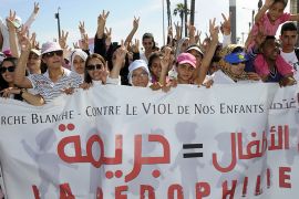 Moroccans gather during a demonstration against child sexual abuse in Casablanca on May 5, 2013, after a harrowing assault last month left a nine-year-old girl near-dead. Last month the child Wiam was found unconscious in a pool of blood by her 6-year-old brother after a neighbour in a village of the Sidi Kacem region in northwest Morocco sexually abused her and beat her up, media reports said. AFP PHOTOS/FADEL SENNA