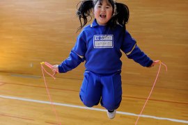 epa03117719 (19/32) A girl practices jumping rope at Omika Elementary School in Minamisoma city, Fukushima prefecture, northeastern Japan, 17 February 2012. Located just about 21 kilometers from the Fukushima Daiichin nuclear plant, the Omika Elementary School is one of the closest to the crippled plant. The school reopened in October 2011 after decontamination work was completed. EPA/FRANCK ROBICHON PLEASE SEE ADVISORY NOTICE (epa03117700) FOR FULL FEATURE TEXT