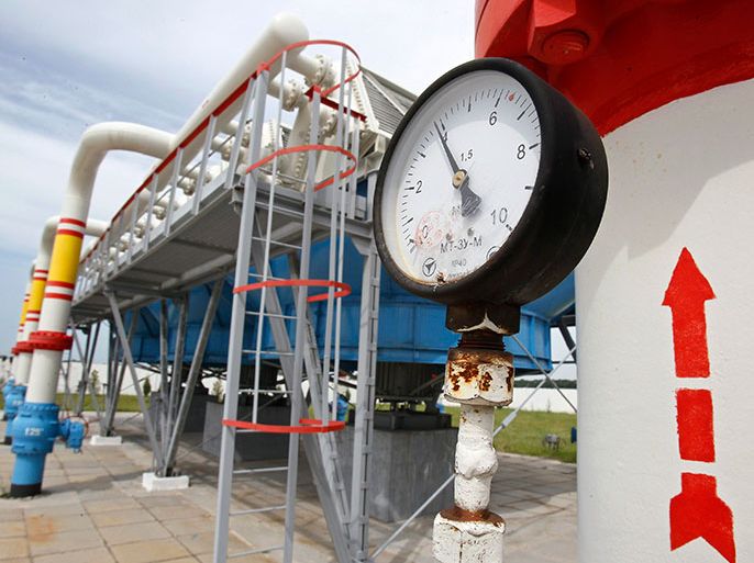 A pressure gauge is seen at an underground gas storage facility in the village of Mryn, 120 km (75 miles) north of Kiev May 21, 2013. Ukraine's government asked parliament in April to lift a ban on the privatization of gas pipelines that pump Russian gas to Europe, which could allow Kiev to sell or lease them to Moscow in return for cheaper gas supplies. REUTERS/Gleb Garanich (UKRAINE - Tags: POLITICS ENERGY BUSINESS)