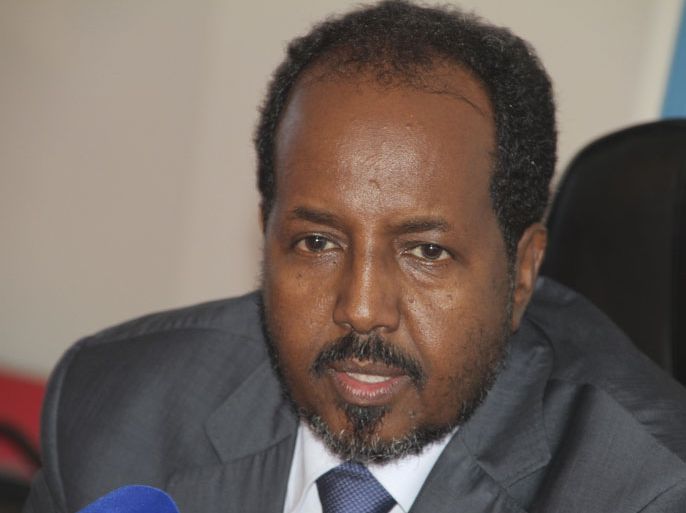 epa03395621 Newly elected president of Somalia Hassan Sheikh Mohamud speaks during a press conference at a Mogadishu hotel, Somalia, 12 September 2012. Two explosions followed by gunfire rocked the Mogadishu hotel on 12 September while the president and the Kenyan foreign minister Samson Ongeri were holding a meeting. Two attackers killed themselves while other two were shot dead by the security personnel, reports state. President and the Kenyan minister escaped the attck unharmed. Islamist militant group al-Shabab has claimed the responsibility for the attack. EPA/ELYAS AHMED