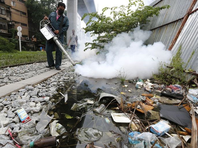 epa03744014 A Thai health officer sprays chemical to kill mosquitos in a slum area of Ratchathewi District Office in Bangkok, Thailand, 14 June 2013. Health officials in the US and Europe may soon be visiting South-East Asia for updates on the most effective means of fighting dengue fever. The warm South-East Asian region has typically accounted for a large share of dengue cases worldwide, with the virus normally peaking during the rainy season. In Thailand, from the start of the year until 04 June, a total of 39,029 people have been treated for dengue, a threefold jump compared to the same period in 2012. At least 44 have died. EPA/NARONG SANGNAK