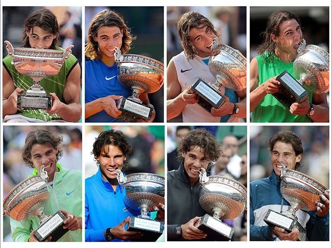 A combination of AFP pictures made in Paris on June 9, 2013, shows Spain's Rafael Nadal biting his the Muskeeters trophy during his eight victories in the men's French Tennis Open at the Roland Garros stadium. (From top L to R) Nadal bites his trophy on June 11, 2012, on June 5, 2005, in June 11, 2006, in June 10, 2007, in June 8, 2008, in June 6, 2010, in June 5, 2011 and on June 9, 2013. AFP PHOTO