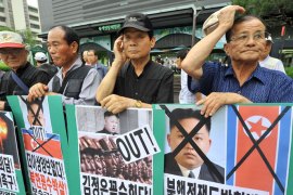 SEOUL, -, REPUBLIC OF KOREA : South Korean conservative activists hold placards showing portrait of North Korean leader Kim Jong-Un during an anti-Pyongyang rally in Seoul on June 12, 2013. The abrupt cancellation of planned talks between North and South Korea underlines the huge challenges facing any "trust-building" process on the divided peninsula, 60 years after the Korean War. AFP PHOTO / JUNG YEON-JE