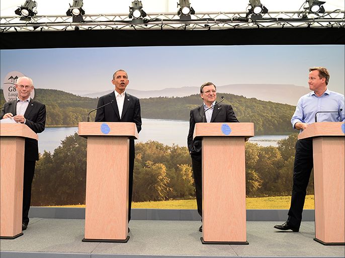 epa03748886 (L-R) The President of the European Council Herman Van Rompuy, U.S. President Barack Obama, European Commission President Jose Manuel Barroso and British Prime Minister David Cameron deliver statements to the press at the G8 Summit in Lough Erne, Northern Ireland, Britain, 17 June 2013. Leaders from Canada, France, Germany, Italy, Japan, Russia, USA and UK are meeting at Lough Erne in Northern Ireland for the G8 Summit 17-18 June. EPA/ANDY RAIN