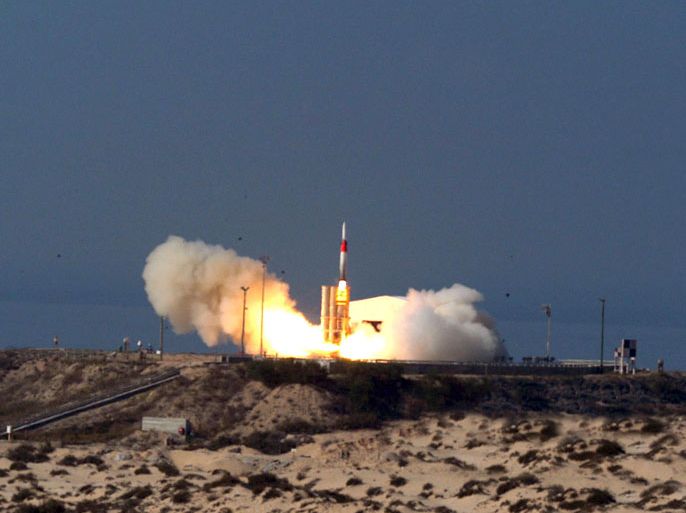 179 Handout picture released by the Israeli Aircraft Industries shows the launching of an Arrow missile at an undisclosed location in Israel during the latest of its successful tests on Friday, 02 December 2005. The defensive missile successfuly intercepted a missile similar to Iran's Shahab-3 that was deployed by an Israeli jet fighter near Cyrprus and was flying towards the Israeli coast when it was destroyed by the Arrow missile, according the Israeli Aircraft Industries that makes the missile. EPA/ISRAELI