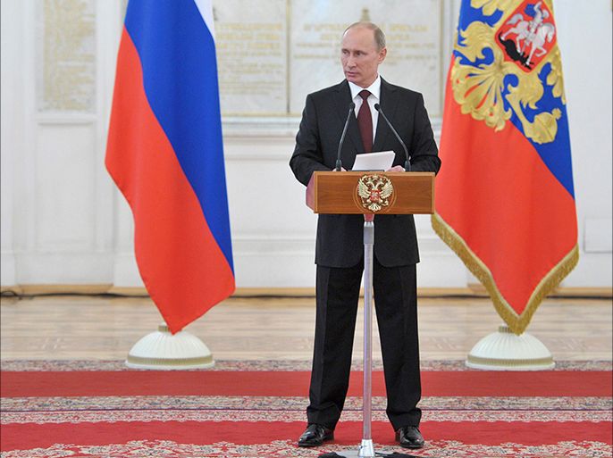 Russia's President Vladimir Putin delivers a speech during a meeting with Russian military officers at the Kremlin in Moscow, June 7, 2013. Russia is ready to replace peacekeepers from Austria in the Golan Heights, President Vladimir Putin said on Friday, after Vienna said it would recall its troops from a U.N. monitoring force due to worsening fighting in Syria. REUTERS/Alexei Nikolskyi/RIA Novosti/Kremlin (RUSSIA - Tags: POLITICS MILITARY) ATTENTION EDITORS - THIS IMAGE HAS BEEN SUPPLIED BY A THIRD PARTY. IT IS DISTRIBUTED, EXACTLY AS RECEIVED BY REUTERS, AS A SERVICE TO CLIENTS