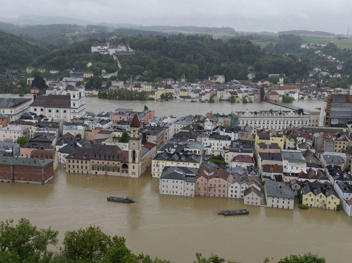 The rivers Inn (back) and Danube flood the old city of Passau, southern Germany, on June 3, 2013. Due to heavy and ongoing rainfalls, parts of the southern state of Bavaria were flooded