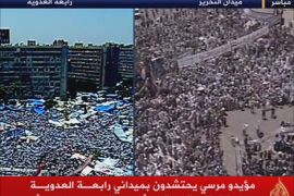 حشود بميدان التحرير دعماً للجيش وحشود برابعة العدوية موئيدة للرئيس المعزول مرسي