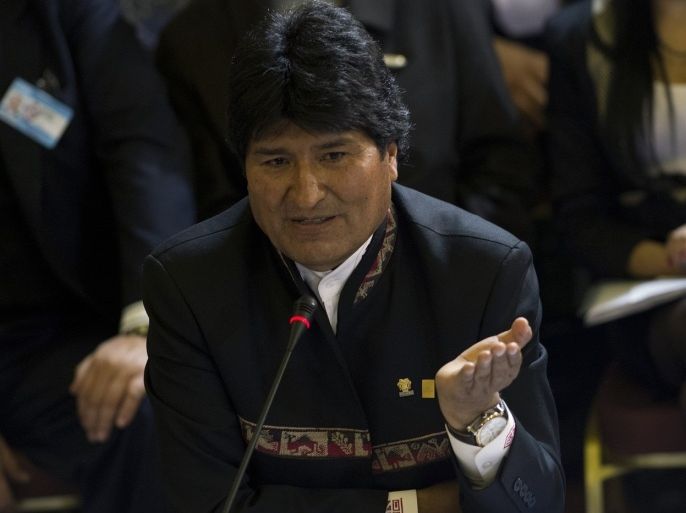 Bolivia's President Evo Morales speaks during the XLV Mercosur Summit, at the headquarters of the bloc in Montevideo on July 12, 2013. Leaders of the South American trade bloc that includes Argentina, Brazil, Uruguay and Venezuela, agreed to a statement reaffirming the fundamental right of asylum, Maduro said Friday amid a test of wills with Washington over the fate of US intelligence leaker Edward Snowden.