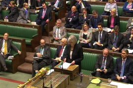 epa03188196 British Home Secretary Theresa May (C) explains to Memebers of Parliament in the House of Commons, central London, England on 19 April 2012 over the latest delay in the decade-long effort to deport terror suspect Abu Qatada. Reports state that the radical Muslim cleric