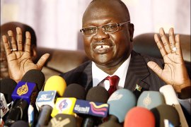 epa02759698 Riek Machar, who is to become vice president of the new South Sudan, speaks during a press conference after a meeting with Sudanese Vice President Ali Osman on the issue of Abyei, in Khartoum, Sudan, 30 May 2011. According to media sources, Machar is visiting Khartoum to meet with representatives of Sudan's ruling National Congress Party and discuss outstanding questions from the 2005 agreement, and the fate of the oil-rich border region of Abyei. Sudanese President Omar al-Bashir has said that Sudanese troops will not leave the region. South Sudanese officials say 150,000 people have already fled Abyei and its surrounding areas over fears of renewed fighting. EPA/PHILIP DHIL