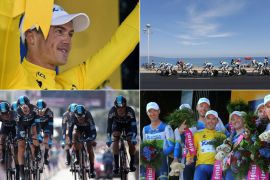 A combination of pictures made on July 2, 2013 in Nice, shows, from top, LtoR, Australia's Simon Gerrans celebrating his overall leader's yellow jersey on the podium ; riders of Orica Greenedge team competing ; riders of the Sky team crossing the finish line ; and Australia's Simon Gerrans (C) celebrating his overall leader's yellow jersey with his teammates after they won the 25 km team time-trial and fourth stage of the 100th edition of the Tour de France cycling race on July 2, 2013 around Nice, southeastern France. AFP PHOTO
