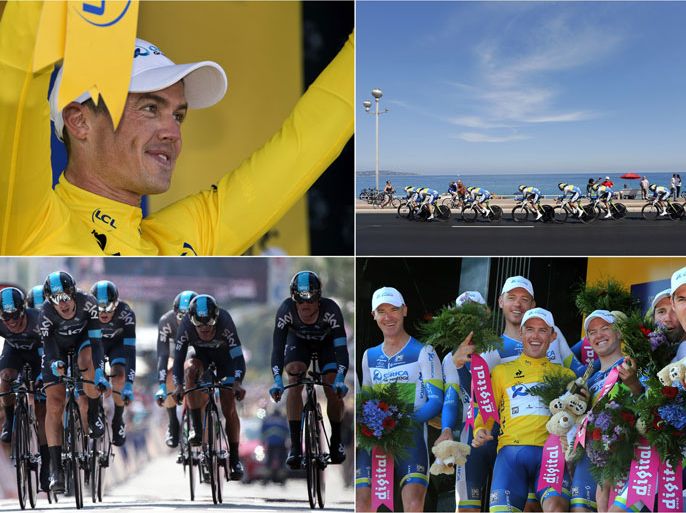 A combination of pictures made on July 2, 2013 in Nice, shows, from top, LtoR, Australia's Simon Gerrans celebrating his overall leader's yellow jersey on the podium ; riders of Orica Greenedge team competing ; riders of the Sky team crossing the finish line ; and Australia's Simon Gerrans (C) celebrating his overall leader's yellow jersey with his teammates after they won the 25 km team time-trial and fourth stage of the 100th edition of the Tour de France cycling race on July 2, 2013 around Nice, southeastern France. AFP PHOTO