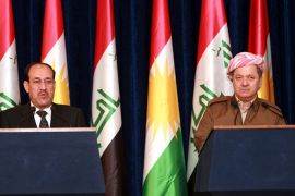 epa03737807 Kurdistan Region President Massoud Barzani (R) and the Iraqi Prime Minister Nouri Al-Maliki (L) during a joint press conference in Erbil, north of Iraq, 09 June 2013. Maliki said on 09 June that he had reached agreement with the country's autonomous Kurdistan region to resolve issues between the two sides, including territorial disputes. Al-Maliki arrived in Kurdistan, his first visit to the area in almost three years, to preside over an Iraqi cabinet meeting in Erbil. EPA/KAMAL AKRAYI