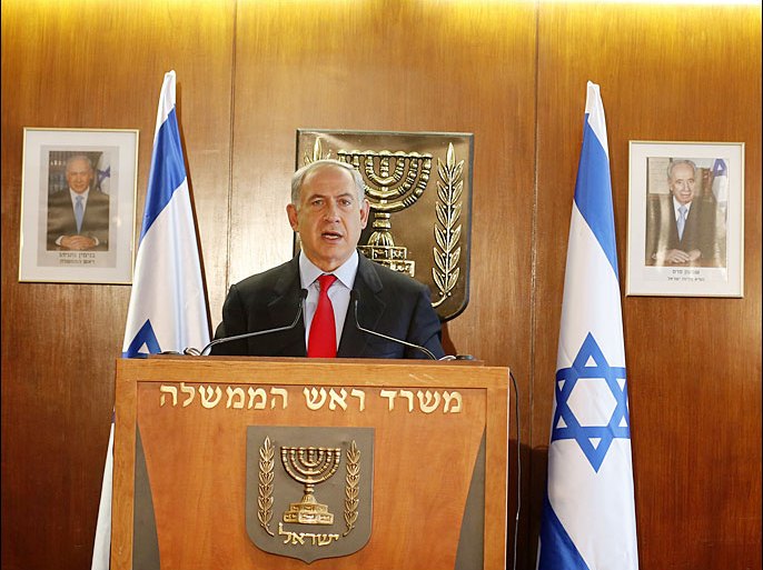 Israel's Prime Minister Benjamin Netanyahu delivers a statement to the media at the Knesset, in Jerusalem on July 22, 2013. Netanyahu praised the EU decision to blacklist Hezbollah's armed wing, saying the Iran-backed Shiite group has imposed a "terrorist" rule on large parts of Lebanon. AFP PHOTO/BAZ RATNER/POOL