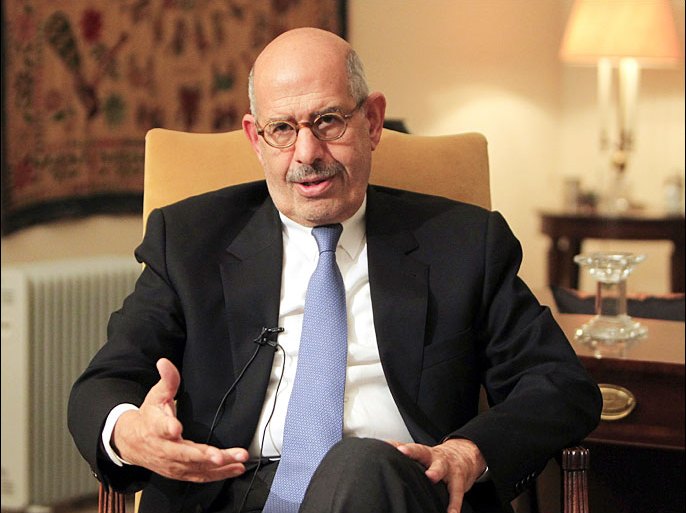 Opposition leader Mohamed ElBaradei speaks during an interview in his home in Cairo in this November 24, 2012 file photo. ElBaradei, a former U.N. nuclear agency chief, will be named Egypt's interim prime minister later on June 6, 2013, a presidency source told Reuters. REUTERS/Mohamed Abd El Ghany/Files (EGYPT - Tags: POLITICS TPX IMAGES OF THE DAY)
