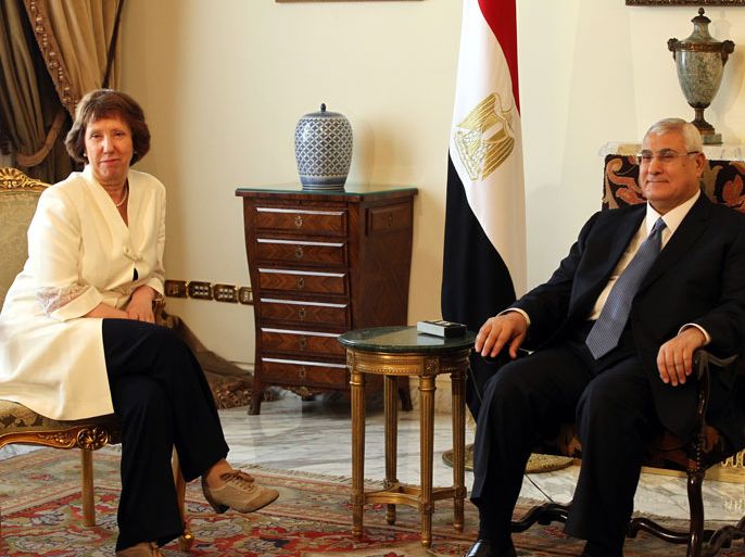 Egyptian interim President Adli Mansour (R) meets with EU High Representative for Foreign Affairs and Security Policy Baroness Catherine Ashton (L) in Cairo, Egypt 29 July 2013. During the visit she will meet with interim President Adli Mansour, Vice-President Mohamed El Baradei, Minister of Defence General Abd Al Fattah Al Sissi and other members of the interim government. She will also hold talks with other political forces, including representatives of Freedom and Justice Party, and representatives of civil society. EPA/KHALED ELFIQI