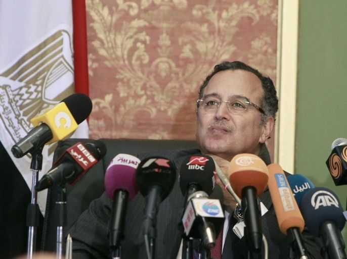 Egypt's new Foreign Minister Nabil Fahmy speaks during a news conference in Cairo July 20, 2013. Egypt has no intention of a waging a holy war against Syria, but still supports the Syrian peoples' hopes for freedom, Fahmy said on Saturday. The Muslim Brotherhood movement of ousted Egyptian President Mohamed Mursi last month joined a call by some Sunni clerics for a jihad against the Syrian government and its Shi'ite allies.