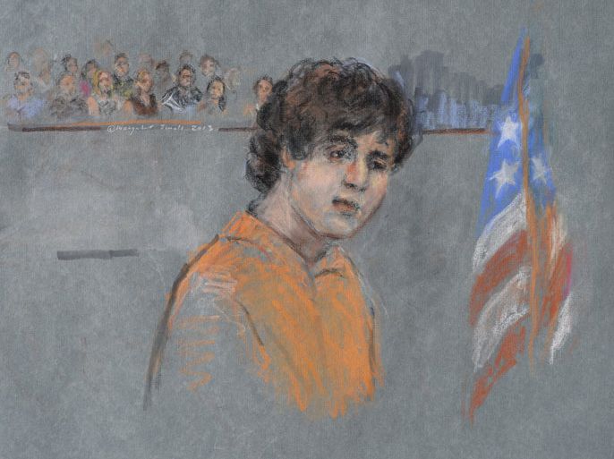epa03783394 An artist's drawing of Dzhokhar Tsarnaev during his arraignment on 30 federal charges stemming from the events surrounding the Boston Marathon Bombing, in the Joseph Moakley Federal Court House in Boston, Massachusetts, USA, 10 July 2013. Tsarnaev plead not guilty to all 30 charges against him. About 30 victims and relatives of people wounded or slain in the bombings were present for the arraignment. EPA/MARGARET SMALL